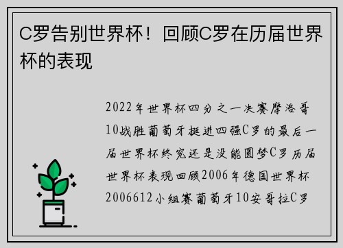 C罗告别世界杯！回顾C罗在历届世界杯的表现
