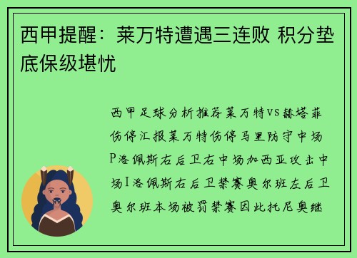 西甲提醒：莱万特遭遇三连败 积分垫底保级堪忧